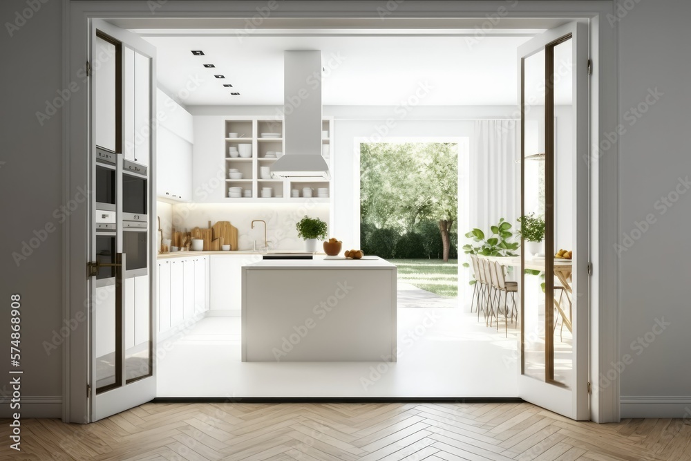 custom made wallpaper toronto digitalWhite folding door opening on modern minimalist kitchen with island, white interior design, architect designer concept, blur background, illustration. Generative AI