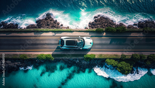 Top down view of an electric car driving on a road surrounded by the sea. Aerial photography created with Generative AI © AI Studio - R