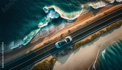 Electric car driving on an apshalt road close to the ocean and the beach. Aerial view created with Generative AI © AI Studio - R