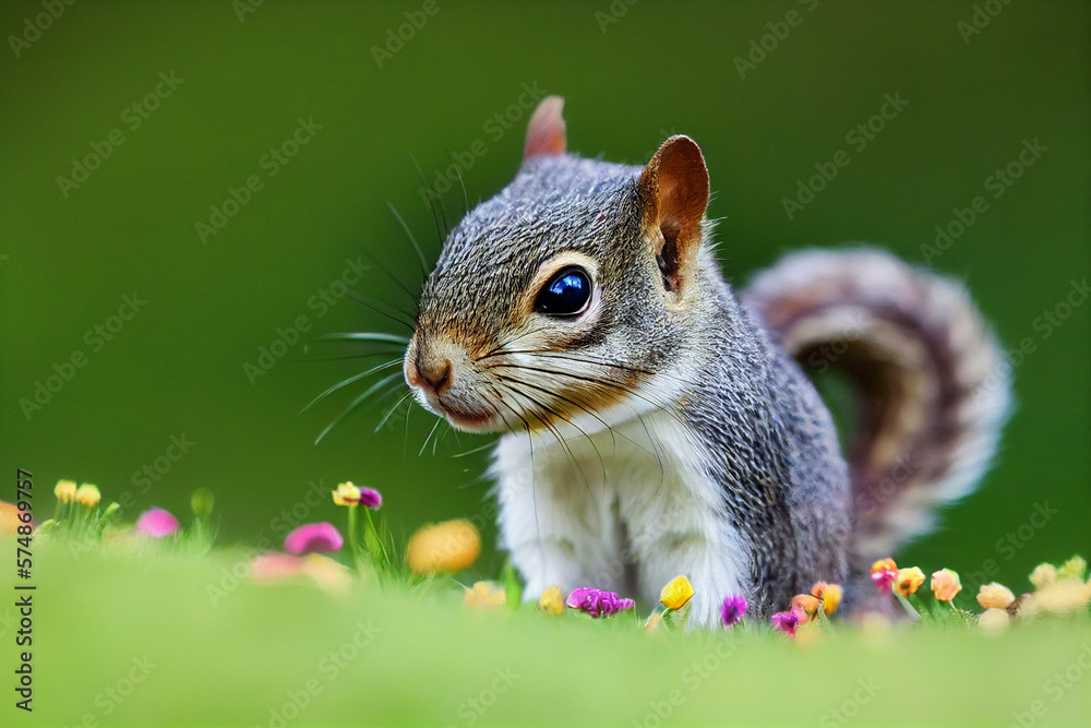 Fototapeta premium red squirrel sits on a colorful meadow, generative AI