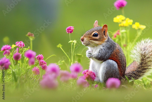 red squirrel sits on a colorful meadow, generative AI