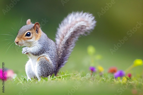 red squirrel sits on a colorful meadow, generative AI © Paulina