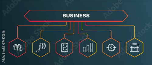 set of business white thin line icons. business outline icons with infographic template. linear icons such as money finder, tactic, ranking factor, target, business briefcase vector.