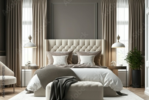 opulent beige and gray bedroom in a house or motel with a king-sized bed in the middle. linen bedding, taupe ivory gray, a blank wall. a blank canvas for artwork or wallpaper. pillows and a curtain