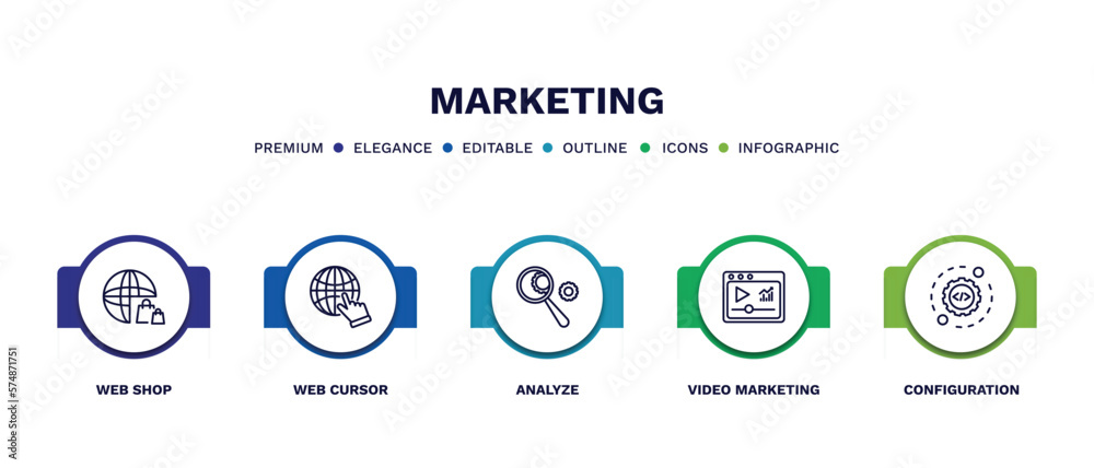 set of marketing thin line icons. marketing outline icons with infographic template. linear icons such as web shop, web cursor, analyze, video marketing, configuration vector.