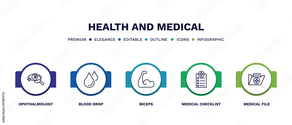 set of health and medical thin line icons. health and medical outline icons with infographic template. linear icons such as ophthalmology, blood drop, biceps, medical checklist, file vector.
