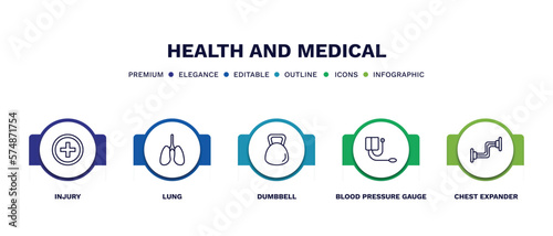 set of health and medical thin line icons. health and medical outline icons with infographic template. linear icons such as injury, lung, dumbbell, blood pressure gauge, chest expander vector.