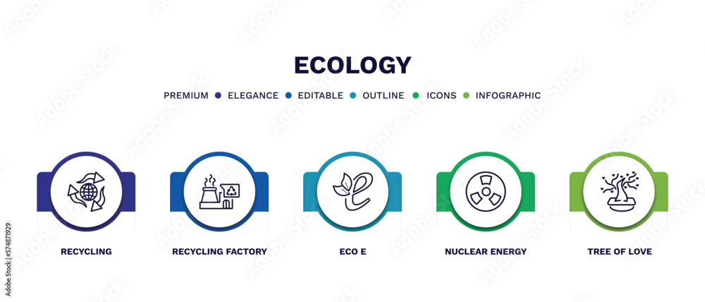 Fototapeta premium set of ecology thin line icons. ecology outline icons with infographic template. linear icons such as recycling, recycling factory, eco e, nuclear energy, tree of love vector.