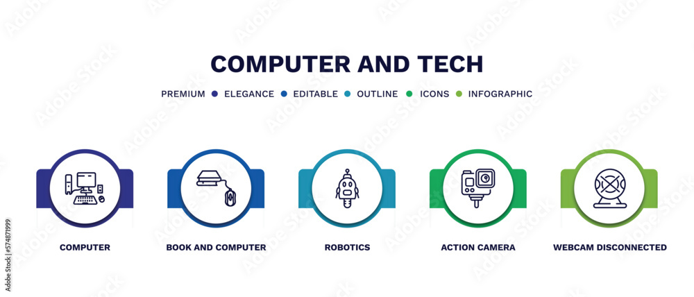 set of computer and tech thin line icons. computer and tech outline icons with infographic template. linear icons such as computer, book and mouse, robotics, action camera, webcam disconnected