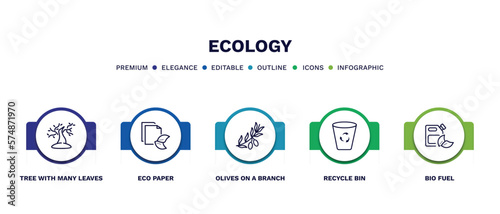 set of ecology thin line icons. ecology outline icons with infographic template. linear icons such as tree with many leaves, eco paper, olives on a branch, recycle bin, bio fuel vector.
