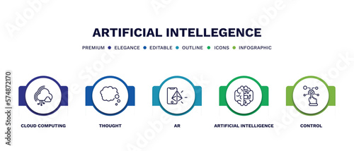 set of artificial intellegence thin line icons. artificial intellegence outline icons with infographic template. linear icons such as cloud computing, thought, ar, artificial intelligence, control