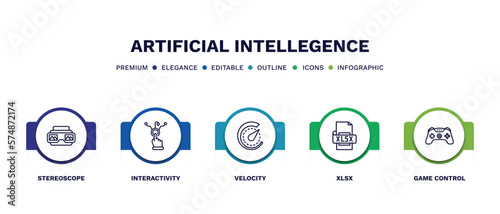 set of artificial intellegence thin line icons. artificial intellegence outline icons with infographic template. linear icons such as stereoscope, interactivity, velocity, xlsx, game control vector.