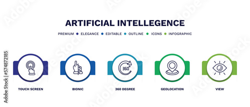 set of artificial intellegence thin line icons. artificial intellegence outline icons with infographic template. linear icons such as touch screen, bionic, 360 degree, geolocation, view vector.