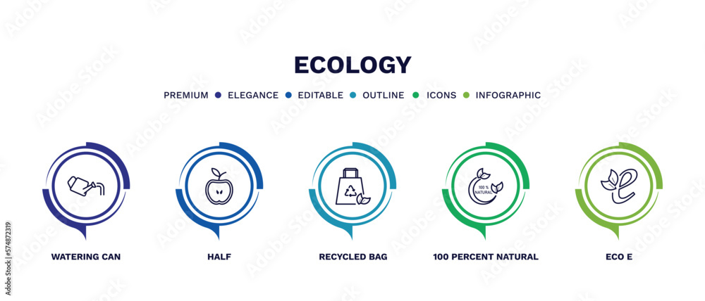 set of ecology thin line icons. ecology outline icons with infographic template. linear icons such as watering can, half, recycled bag, 100 percent natural, eco e vector. - obrazy, fototapety, plakaty 