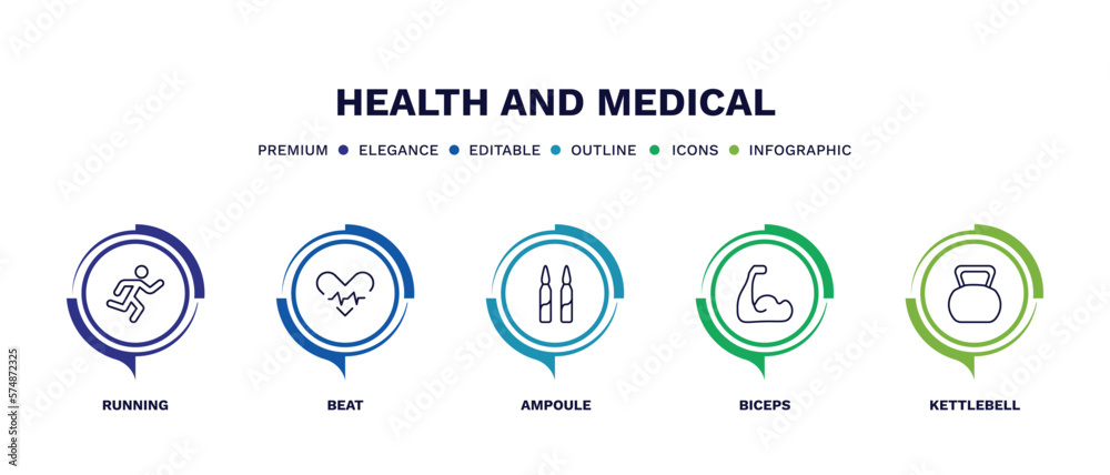 set of health and medical thin line icons. health and medical outline icons with infographic template. linear icons such as running, beat, ampoule, biceps, kettlebell vector.