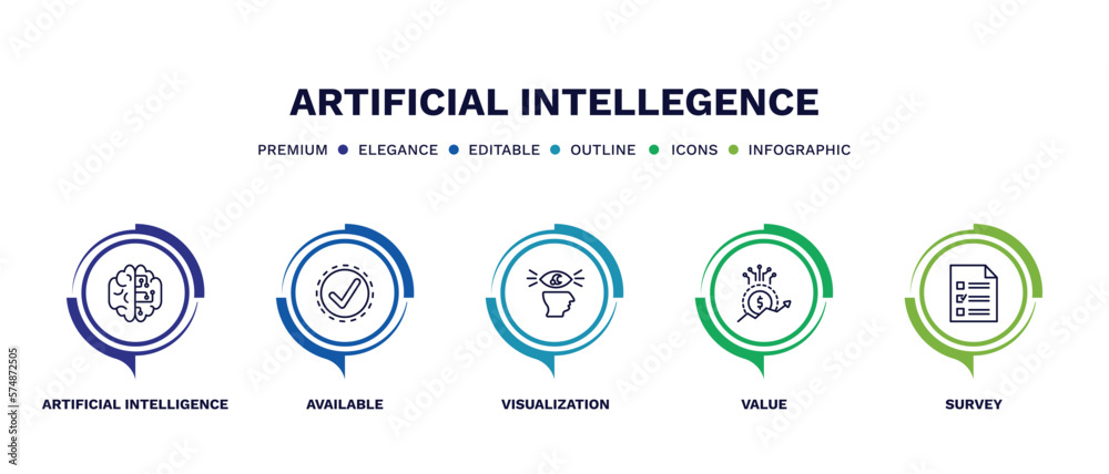 set of artificial intellegence thin line icons. artificial intellegence outline icons with infographic template. linear icons such as artificial intelligence, available, visualization, value, survey