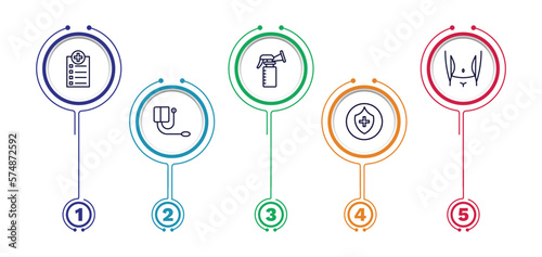set of health and medical thin line icons. health and medical outline icons with infographic template. linear icons such as medical checklist, breast pump, body, blood pressure gauge, shield vector.