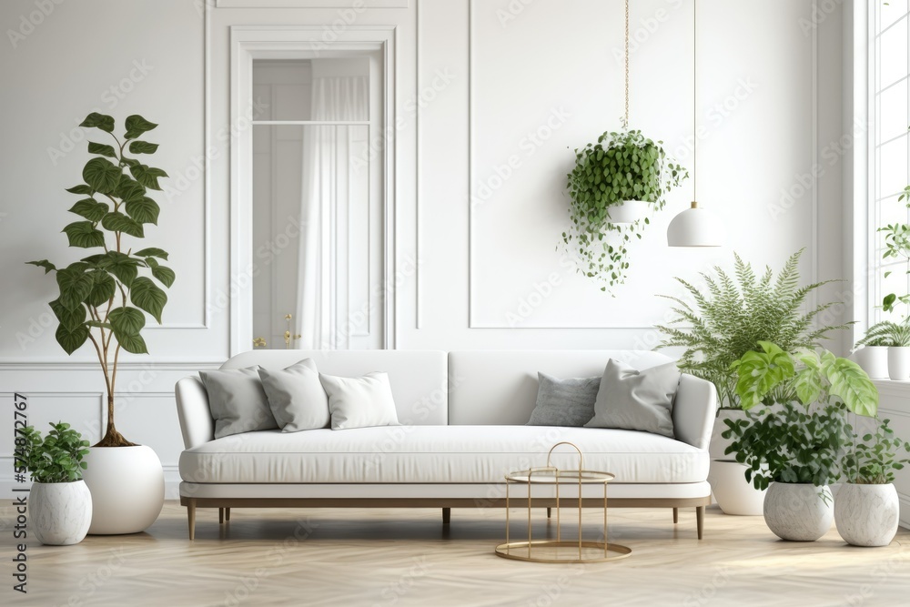 Living room with white sofa and wooden floor plants. Generative AI