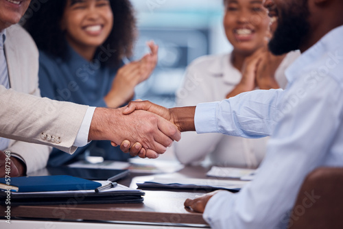 Handshake, congratulations and business people meeting for a deal, partnership and achievement. Thank you, welcome and employees shaking hands with applause for success, support and agreement