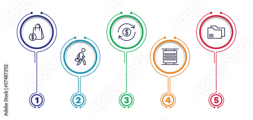 set of business thin line icons. business outline icons with infographic template. linear icons such as shopping bags, money convert, two folders, employee going to work, basic burger vector.