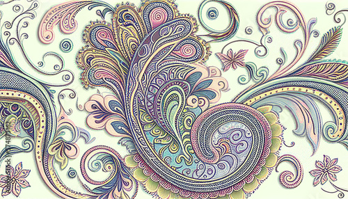 hand drawn paisley ornament pattern Abstract traditional folk antique graphic paisley line elegant luxury vintage retro style generative AI.