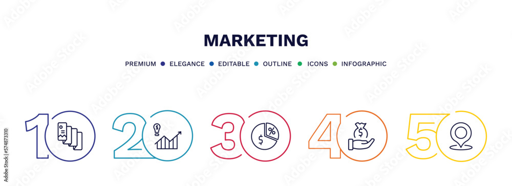 set of marketing thin line icons. marketing outline icons with infographic template. linear icons such as flyer, demand, margin, get money, place vector. set of marketing thin line icons. marketing outline icons with infographic template. linear icons such as flyer, demand, margin, get money, place vector.