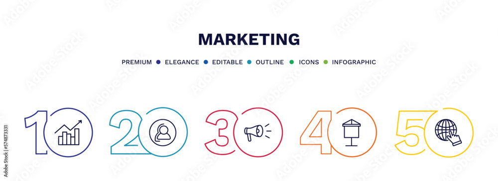 set of marketing thin line icons. marketing outline icons with infographic template. linear icons such as trend, consumer, campaign, banner, web cursor vector.