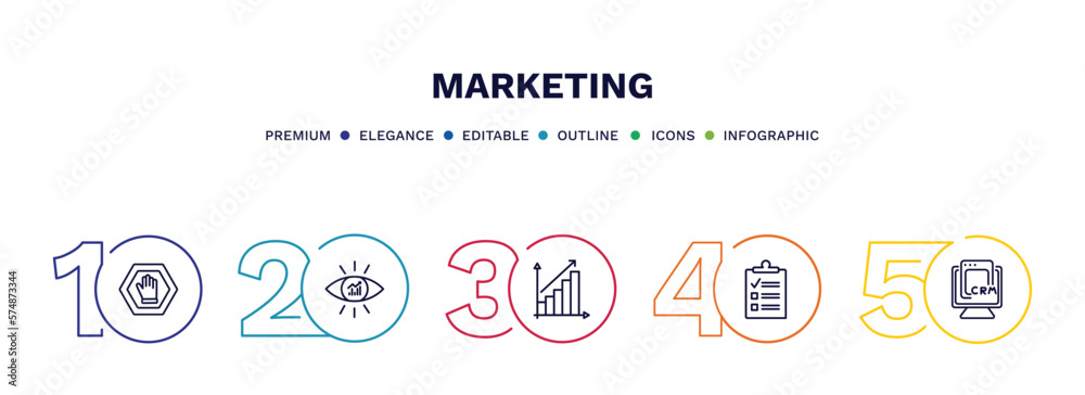 set of marketing thin line icons. marketing outline icons with infographic template. linear icons such as ad blocker, business eye, yield, checklist, crm vector.