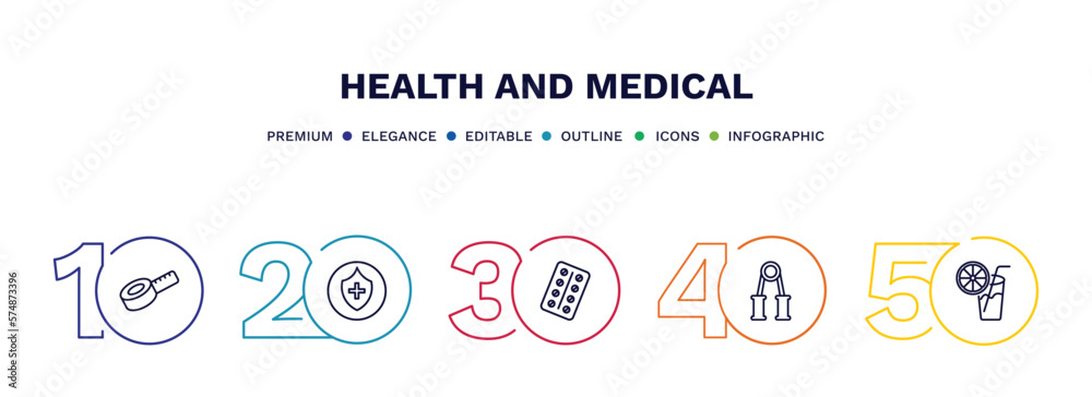 Fototapeta premium set of health and medical thin line icons. health and medical outline icons with infographic template. linear icons such as measure tape, medical shield, strip, handgrip, orange juice vector.