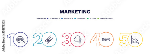 set of marketing thin line icons. marketing outline icons with infographic template. linear icons such as web shop, eticket, download from cloud, off, marketing graph vector.