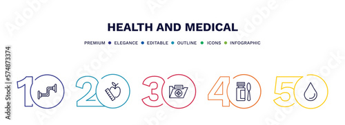 set of health and medical thin line icons. health and medical outline icons with infographic template. linear icons such as chest expander, nutrition, medical file, syrup, blood vector.