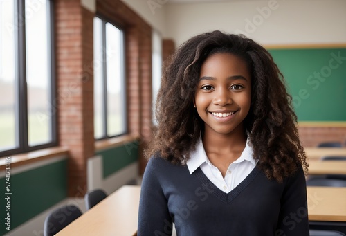 Beautiful african american teenage girl in school. Generated by AI photo