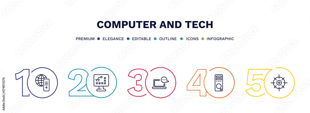 set of computer and tech thin line icons. computer and tech outline icons with infographic template. linear icons such as internet server, industrial, online chat, pc tower, calibrate vector. set of computer and tech thin line icons. computer and tech outline icons with infographic template. linear icons such as internet server, industrial, online chat, pc tower, calibrate vector.