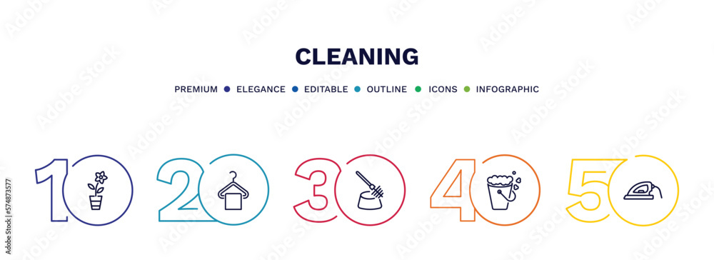 set of cleaning thin line icons. cleaning outline icons with infographic template. linear icons such as rose cleanin, hanger cleanin, toilet brush cleanin, bucket iron vector.