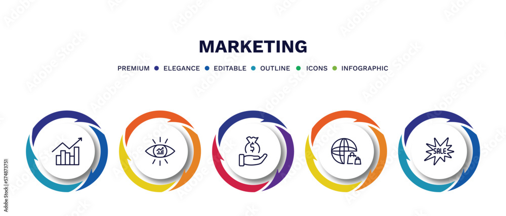 set of marketing thin line icons. marketing outline icons with infographic template. linear icons such as trend, business eye, get money, web shop, sale vector.