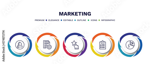set of marketing thin line icons. marketing outline icons with infographic template. linear icons such as consumer, content management, appreciation, checklist, margin vector.