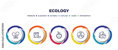 set of ecology thin line icons. ecology outline icons with infographic template. linear icons such as tree with hearts, bio fuel, half, nuclear energy, coal vector.