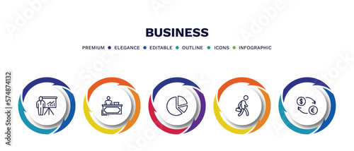 set of business thin line icons. business outline icons with infographic template. linear icons such as graphic panel and man, director desk, circular pie chart, employee going to work, currencies