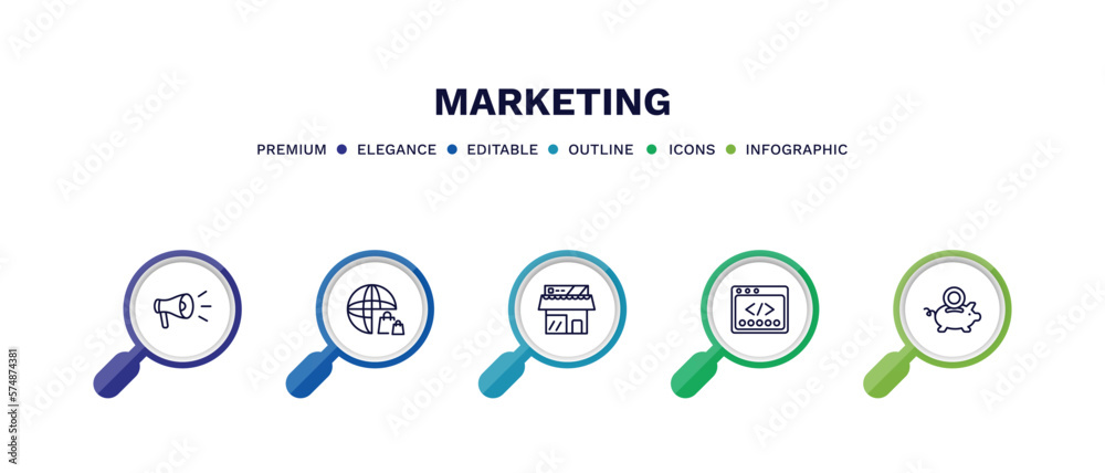 set of marketing thin line icons. marketing outline icons with infographic template. linear icons such as campaign, web shop, shop, webcode, pig bank vector. set of marketing thin line icons. marketing outline icons with infographic template. linear icons such as campaign, web shop, shop, webcode, pig bank vector.