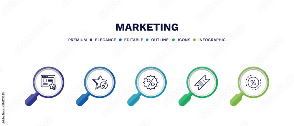 set of marketing thin line icons. marketing outline icons with infographic template. linear icons such as favorite web, recommendation, offer, eticket, ratio vector. set of marketing thin line icons. marketing outline icons with infographic template. linear icons such as favorite web, recommendation, offer, eticket, ratio vector.