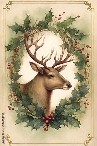 christmas deer with christmas holly wreath decoration card generative ai 