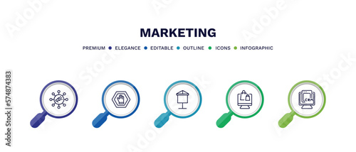 set of marketing thin line icons. marketing outline icons with infographic template. linear icons such as viral, ad blocker, banner, online store, crm vector.