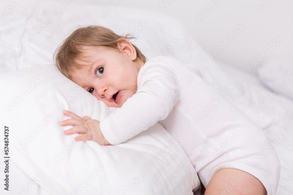 adorable baby in white shirt and diaper on blanket, card, banner, space for text adorable baby in white shirt and diaper on blanket, card, banner, space for text