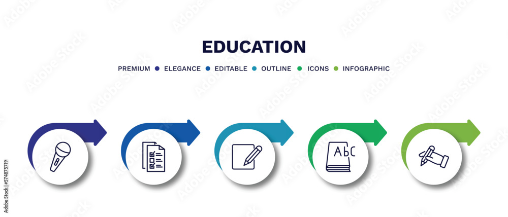 set of education thin line icons. education outline icons with infographic template. linear icons such as microphone with stand, final test, corrector, 3d dictionary, write by hand vector.
