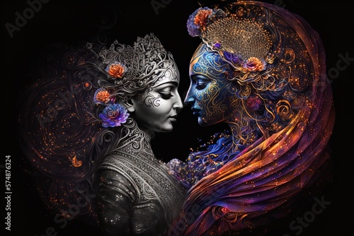 Radha krishna in love medium shot photography portrait of cosmic galactic Generative AI. symbol of Devine Love. Art Print For Home Decor hindu couple on abstract decorative background