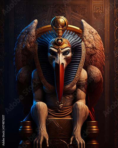 Egyptian pharaoh Alien Beaky God king on Throne wearing full Golden costumes  photo