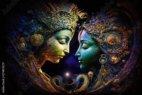 Radha krishna in love medium shot photography portrait of cosmic galactic Generative AI. symbol of Devine Love. Art Print For Home Decor hindu couple on abstract decorative background
