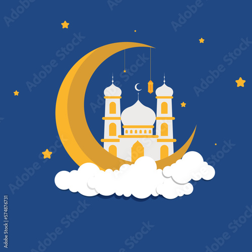 Flat Islamic Background design template for ramadan, eid alfitr, isra mi’raj, and islamic new year with mosque, Lantern, moon, and star.