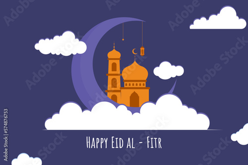 Flat Islamic Background design template for ramadan, eid alfitr, isra mi’raj, and islamic new year with mosque, Lantern, moon, and star.