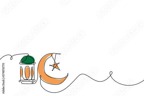 Continuous Line Islamic Background design template for ramadan, eid alfitr, isra mi’raj, and islamic new year with Lantern, moon, and star.